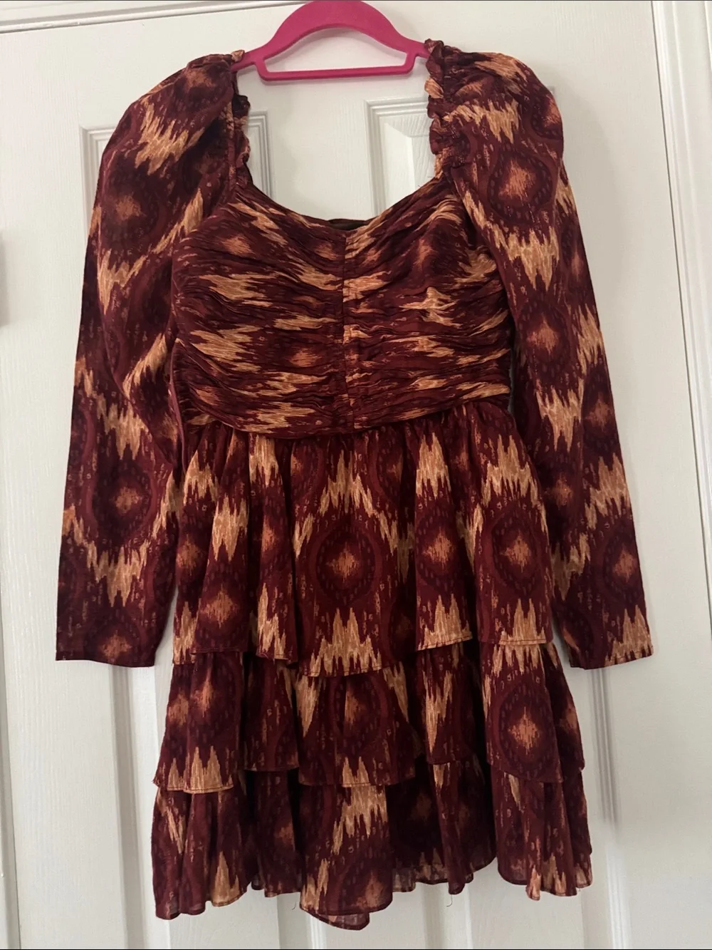 House Of Harlow 1960 Boho Metallic Ruffle Tiered Long Sleeve Mini Dress Small